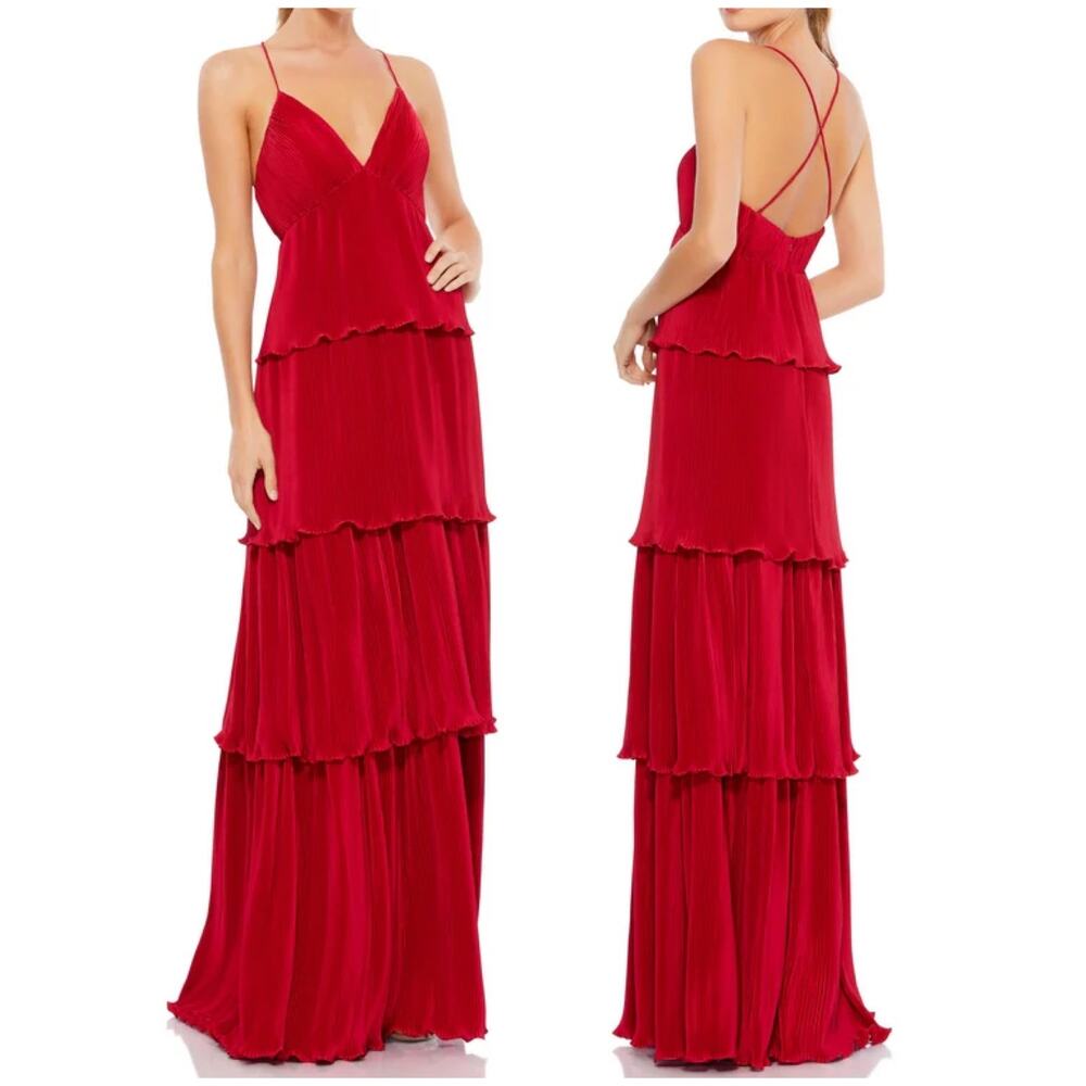 Mac Duggal NWT Red Spaghetti Strap Pleated Ruffle Layered Maxi Dress Size 4